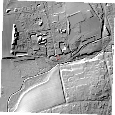 Shaded relief map of the ground around CB113DD, computed from Environment Agency LiDAR. The ground here sits at about 59 m above sea level and falls 31 m across the surrounding 800 m. Surface water reaching this point runs off ground lying to the north, 7.6 m higher.