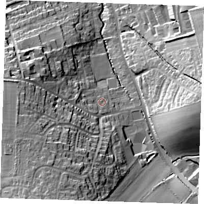 Shaded relief map of the ground around CB113ED, computed from Environment Agency LiDAR. The ground here sits at about 72 m above sea level and falls 36 m across the surrounding 800 m. Surface water reaching this point runs off ground lying to the west-south-west, 14.9 m higher.