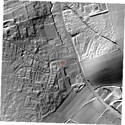 Shaded relief map of the ground around CB113EG, computed from Environment Agency LiDAR. The ground here sits at about 72 m above sea level and falls 36 m across the surrounding 800 m. Surface water reaching this point runs off ground lying to the south-south-west, 26.5 m higher.