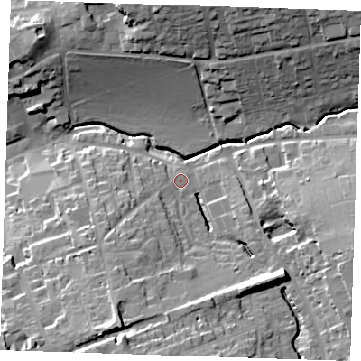 Shaded relief map of the ground around CB113HS, computed from Environment Agency LiDAR. The ground here sits at about 57 m above sea level and falls 26 m across the surrounding 800 m. Surface water reaching this point runs off ground lying to the south-south-west, 18.0 m higher.