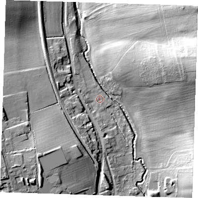 Shaded relief map of the ground around CB113HZ, computed from Environment Agency LiDAR. The ground here sits at about 55 m above sea level and falls 37 m across the surrounding 800 m. Surface water reaching this point runs off ground lying to the south-south-west, 2.5 m higher.