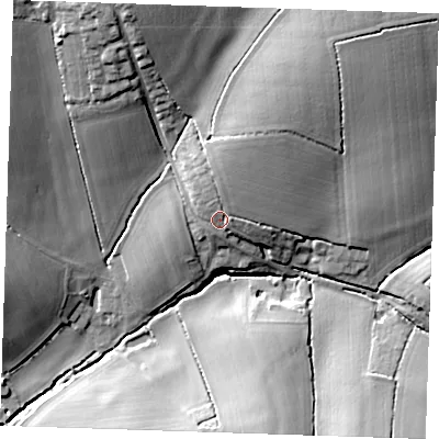 Shaded relief map of the ground around CB113LP, computed from Environment Agency LiDAR. The ground here sits at about 101 m above sea level and falls 25 m across the surrounding 800 m. Surface water reaching this point runs off ground lying to the north-north-east, 5.4 m higher.