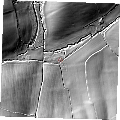 Shaded relief map of the ground around CB113LR, computed from Environment Agency LiDAR. The ground here sits at about 88 m above sea level and falls 34 m across the surrounding 800 m. Surface water reaching this point runs off ground lying to the south-south-east, 24.9 m higher.