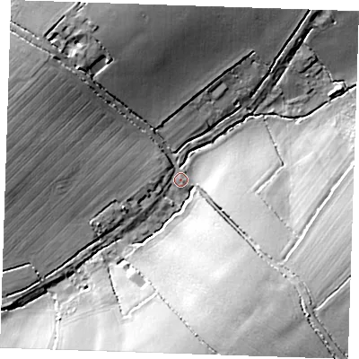 Shaded relief map of the ground around CB113LY, computed from Environment Agency LiDAR. The ground here sits at about 100 m above sea level and falls 21 m across the surrounding 800 m. Surface water reaching this point runs off ground lying to the north-west, 17.2 m higher.