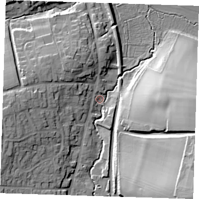 Shaded relief map of the ground around CB113PE, computed from Environment Agency LiDAR. The ground here sits at about 57 m above sea level and falls 37 m across the surrounding 800 m. Surface water reaching this point runs off ground lying to the south-east, 34.8 m higher.