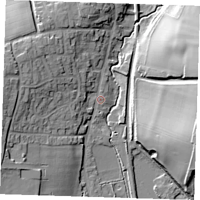 Shaded relief map of the ground around CB113PG, computed from Environment Agency LiDAR. The ground here sits at about 60 m above sea level and falls 33 m across the surrounding 800 m. Surface water reaching this point runs off ground lying to the west-north-west, 17.4 m higher.