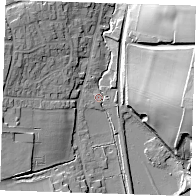 Shaded relief map of the ground around CB113PL, computed from Environment Agency LiDAR. The ground here sits at about 59 m above sea level and falls 33 m across the surrounding 800 m. Surface water reaching this point runs off ground lying to the east-north-east, 5.2 m higher.