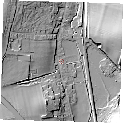 Shaded relief map of the ground around CB113PN, computed from Environment Agency LiDAR. The ground here sits at about 59 m above sea level and falls 29 m across the surrounding 800 m. Surface water reaching this point runs off ground lying to the south-west, 20.8 m higher.