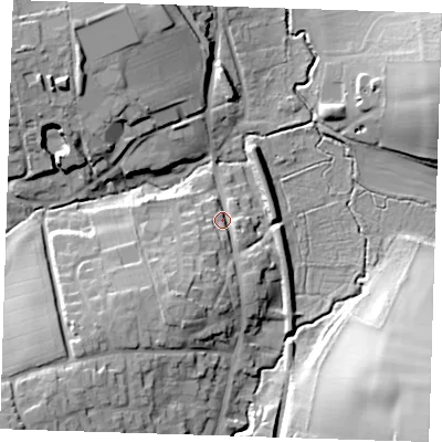 Shaded relief map of the ground around CB113RD, computed from Environment Agency LiDAR. The ground here sits at about 61 m above sea level and falls 31 m across the surrounding 800 m. Surface water reaching this point runs off ground lying to the south-south-west, 9.9 m higher.