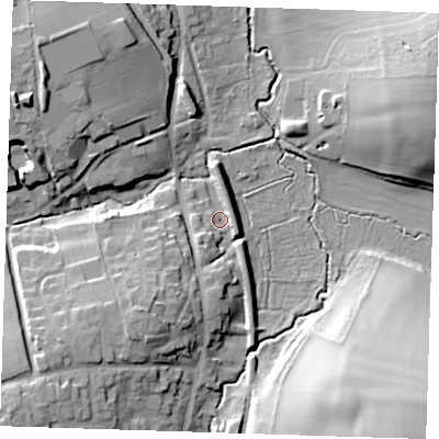 Shaded relief map of the ground around CB113RG, computed from Environment Agency LiDAR. The ground here sits at about 56 m above sea level and falls 32 m across the surrounding 800 m. Surface water reaching this point runs off ground lying to the south-south-west, 6.1 m higher.