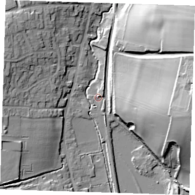 Shaded relief map of the ground around CB113RN, computed from Environment Agency LiDAR. The ground here sits at about 60 m above sea level and falls 35 m across the surrounding 800 m. Surface water reaching this point runs off ground lying to the east-north-east, 3.1 m higher.
