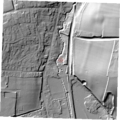 Shaded relief map of the ground around CB113RW, computed from Environment Agency LiDAR. The ground here sits at about 59 m above sea level and falls 35 m across the surrounding 800 m. Surface water reaching this point runs off ground lying to the west-north-west, 18.9 m higher.
