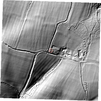 Shaded relief map of the ground around CB113RZ, computed from Environment Agency LiDAR. The ground here sits at about 104 m above sea level and falls 22 m across the surrounding 800 m. Surface water reaching this point runs off ground lying to the north-north-west, 6.0 m higher.