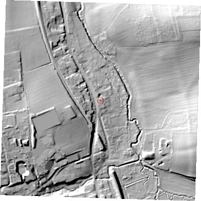 Shaded relief map of the ground around CB113TR, computed from Environment Agency LiDAR. The ground here sits at about 57 m above sea level and falls 39 m across the surrounding 800 m. Surface water reaching this point runs off ground lying to the west-south-west, 5.8 m higher.
