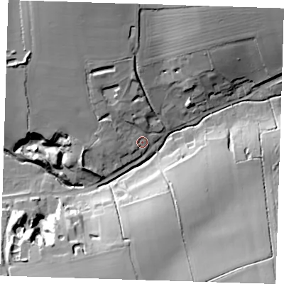 Shaded relief map of the ground around CB113UG, computed from Environment Agency LiDAR. The ground here sits at about 72 m above sea level and falls 29 m across the surrounding 800 m. Surface water reaching this point runs off ground lying to the north-north-west, 13.2 m higher.