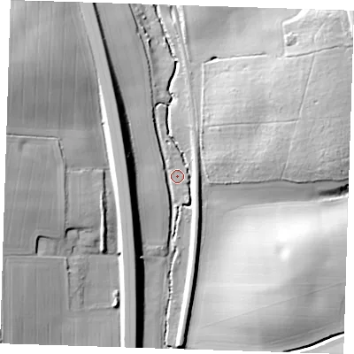 Shaded relief map of the ground around CB113XP, computed from Environment Agency LiDAR. The ground here sits at about 69 m above sea level and falls 30 m across the surrounding 800 m. Surface water reaching this point runs off ground lying to the south-west, 11.9 m higher.