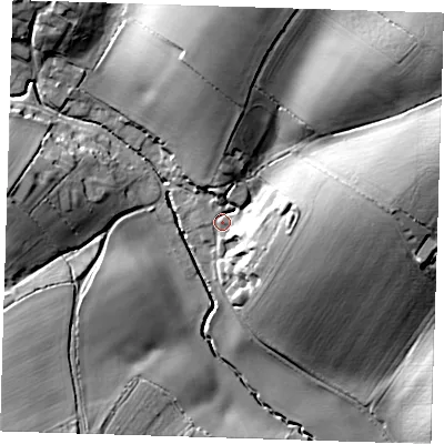 Shaded relief map of the ground around CB114EY, computed from Environment Agency LiDAR. The ground here sits at about 84 m above sea level and falls 34 m across the surrounding 800 m. Surface water reaching this point runs off ground lying to the north-east, 27.5 m higher.