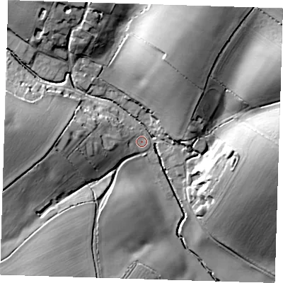 Shaded relief map of the ground around CB114EZ, computed from Environment Agency LiDAR. The ground here sits at about 82 m above sea level and falls 29 m across the surrounding 800 m. Surface water reaching this point runs off ground lying to the west, 5.5 m higher.