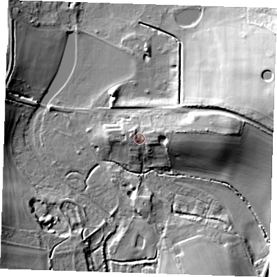 Shaded relief map of the ground around CB114JB, computed from Environment Agency LiDAR. The ground here sits at about 53 m above sea level and falls 23 m across the surrounding 800 m. Surface water reaching this point runs off ground lying to the east, 2.7 m higher.