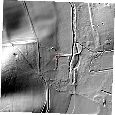 Shaded relief map of the ground around CB114JG, computed from Environment Agency LiDAR. The ground here sits at about 47 m above sea level and falls 38 m across the surrounding 800 m. Surface water reaching this point runs off ground lying to the west, 11.0 m higher.