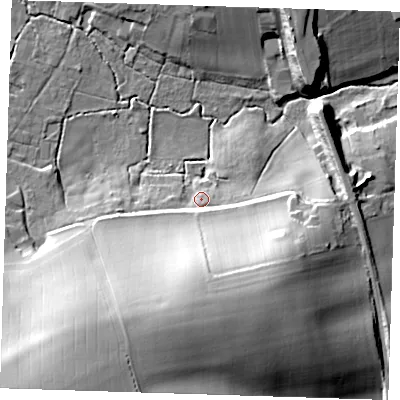 Shaded relief map of the ground around CB114JS, computed from Environment Agency LiDAR. The ground here sits at about 58 m above sea level and falls 34 m across the surrounding 800 m. Surface water reaching this point runs off ground lying to the south, 25.7 m higher.