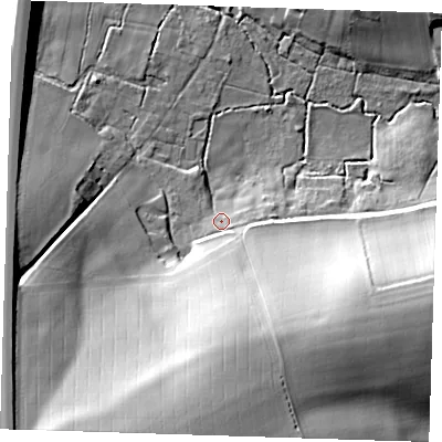 Shaded relief map of the ground around CB114JT, computed from Environment Agency LiDAR. The ground here sits at about 58 m above sea level and falls 35 m across the surrounding 800 m. Surface water reaching this point runs off ground lying to the south, 25.4 m higher.