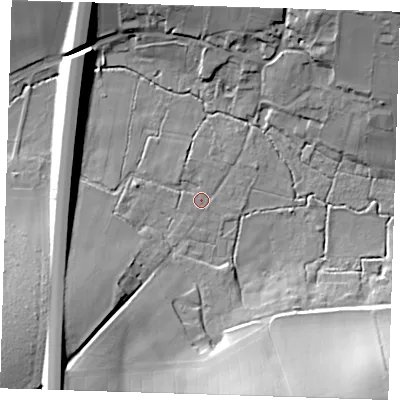 Shaded relief map of the ground around CB114JU, computed from Environment Agency LiDAR. The ground here sits at about 55 m above sea level and falls 30 m across the surrounding 800 m. Surface water reaching this point runs off ground lying to the south-west, 19.3 m higher.