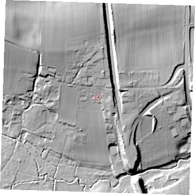 Shaded relief map of the ground around CB114JX, computed from Environment Agency LiDAR. The ground here sits at about 70 m above sea level and falls 36 m across the surrounding 800 m. Surface water reaching this point runs off ground lying to the north-north-east, 6.4 m higher.