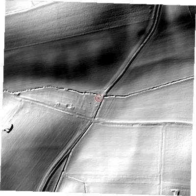 Shaded relief map of the ground around CB114LU, computed from Environment Agency LiDAR. The ground here sits at about 72 m above sea level and falls 35 m across the surrounding 800 m. Surface water reaching this point runs off ground lying to the north-north-west, 29.8 m higher.