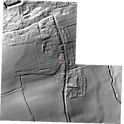 Shaded relief map of the ground around CB114PE, computed from Environment Agency LiDAR. The ground here sits at about 92 m above sea level and falls 29 m across the surrounding 800 m. Surface water reaching this point runs off ground lying to the west, 15.3 m higher.