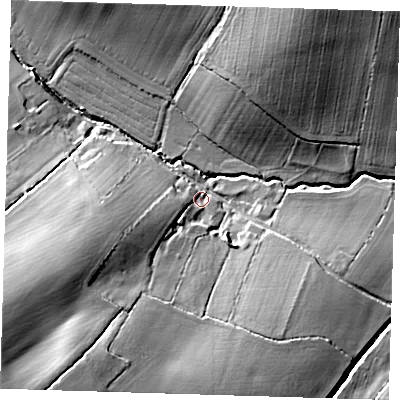 Shaded relief map of the ground around CB114PU, computed from Environment Agency LiDAR. The ground here sits at about 96 m above sea level and falls 29 m across the surrounding 800 m. Surface water reaching this point runs off ground lying to the south-west, 25.5 m higher.