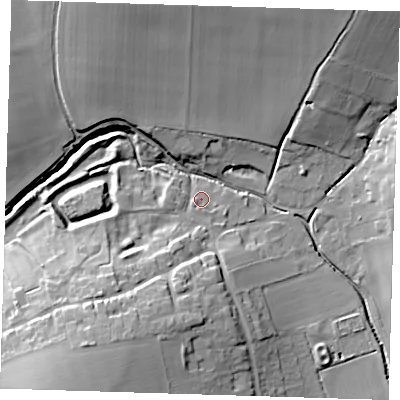 Shaded relief map of the ground around CB114QL, computed from Environment Agency LiDAR. The ground here sits at about 86 m above sea level and falls 23 m across the surrounding 800 m. Surface water reaching this point runs off ground lying to the south-west, 19.0 m higher.