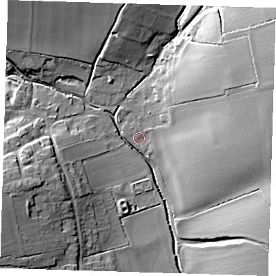 Shaded relief map of the ground around CB114QP, computed from Environment Agency LiDAR. The ground here sits at about 85 m above sea level and falls 22 m across the surrounding 800 m. Surface water reaching this point runs off ground lying to the east-north-east, 3.0 m higher.