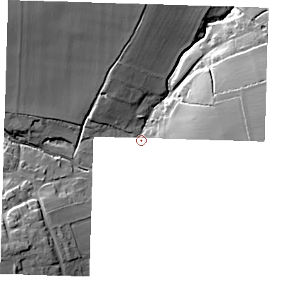 Shaded relief map of the ground around CB114QR, computed from Environment Agency LiDAR. The ground here sits at about 86 m above sea level and falls 21 m across the surrounding 800 m. Surface water reaching this point runs off ground lying to the east, 19.8 m higher.