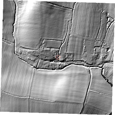 Shaded relief map of the ground around CB114QX, computed from Environment Agency LiDAR. The ground here sits at about 96 m above sea level and falls 21 m across the surrounding 800 m. Surface water reaching this point runs off ground lying to the north-north-west, 14.6 m higher.