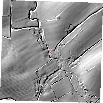 Shaded relief map of the ground around CB114SB, computed from Environment Agency LiDAR. The ground here sits at about 109 m above sea level and falls 26 m across the surrounding 800 m. Surface water reaching this point runs off ground lying to the west-south-west, 24.3 m higher.