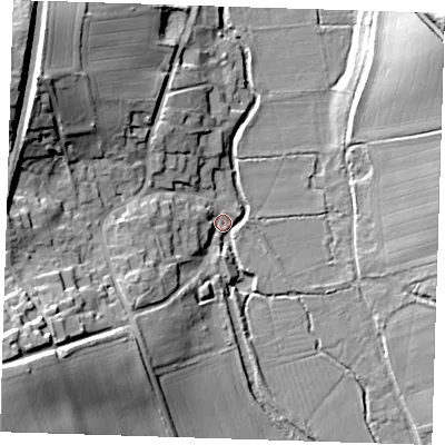 Shaded relief map of the ground around CB114TR, computed from Environment Agency LiDAR. The ground here sits at about 42 m above sea level and falls 33 m across the surrounding 800 m. Surface water reaching this point runs off ground lying to the south-west, 16.8 m higher.