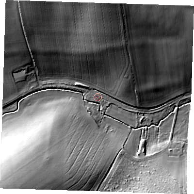 Shaded relief map of the ground around CB114UJ, computed from Environment Agency LiDAR. The ground here sits at about 57 m above sea level and falls 30 m across the surrounding 800 m. Surface water reaching this point runs off ground lying to the north, 26.9 m higher.