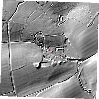 Shaded relief map of the ground around CB114UY, computed from Environment Agency LiDAR. The ground here sits at about 108 m above sea level and falls 21 m across the surrounding 800 m. Surface water reaching this point runs off ground lying to the west-south-west, 13.2 m higher.