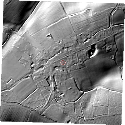Shaded relief map of the ground around CB114XB, computed from Environment Agency LiDAR. The ground here sits at about 117 m above sea level and falls 21 m across the surrounding 800 m. Surface water reaching this point runs off ground lying to the west-south-west, 1.4 m higher.