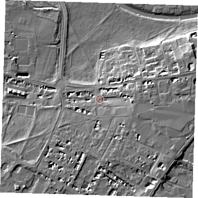 Shaded relief map of the ground around CB11HA, computed from Environment Agency LiDAR. The ground here sits at about 10 m above sea level and falls 11 m across the surrounding 800 m. Surface water reaching this point runs off ground lying to the east-south-east, 5.5 m higher.