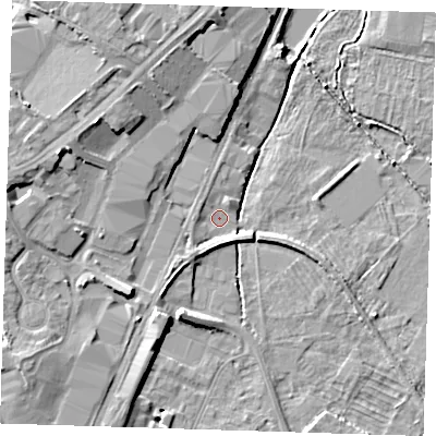 Shaded relief map of the ground around CB13EW, computed from Environment Agency LiDAR. The ground here sits at about 7 m above sea level and falls 9 m across the surrounding 800 m. Surface water reaching this point runs off ground lying to the south-west, 1.4 m higher.