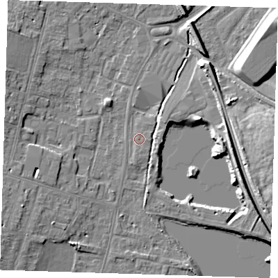 Shaded relief map of the ground around CB13HP, computed from Environment Agency LiDAR. The ground here sits at about 9 m above sea level and falls 12 m across the surrounding 800 m. Surface water reaching this point runs off ground lying to the east-south-east, 0.8 m higher.