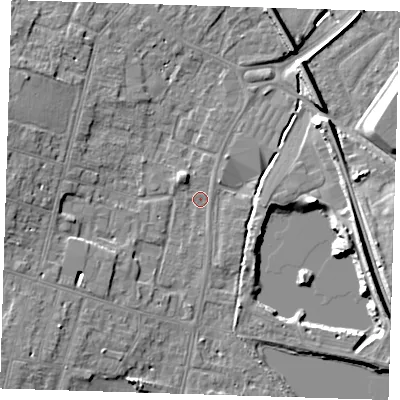 Shaded relief map of the ground around CB13HR, computed from Environment Agency LiDAR. The ground here sits at about 9 m above sea level and falls 10 m across the surrounding 800 m. Surface water reaching this point runs off ground lying to the west, 4.9 m higher.