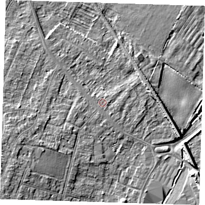 Shaded relief map of the ground around CB13HY, computed from Environment Agency LiDAR. The ground here sits at about 9 m above sea level and falls 8 m across the surrounding 800 m. Surface water reaching this point runs off ground lying to the east-south-east, 1.0 m higher.