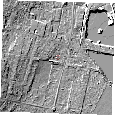 Shaded relief map of the ground around CB13NS, computed from Environment Agency LiDAR. The ground here sits at about 9 m above sea level and falls 8 m across the surrounding 800 m. Surface water reaching this point runs off ground lying to the west-south-west, 3.5 m higher.
