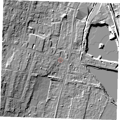 Shaded relief map of the ground around CB13NW, computed from Environment Agency LiDAR. The ground here sits at about 9 m above sea level and falls 8 m across the surrounding 800 m. Surface water reaching this point runs off ground lying to the west-south-west, 7.5 m higher.