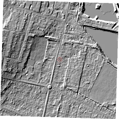 Shaded relief map of the ground around CB13NX, computed from Environment Agency LiDAR. The ground here sits at about 9 m above sea level and falls 8 m across the surrounding 800 m. Surface water reaching this point runs off ground lying to the south-south-east, 1.6 m higher.