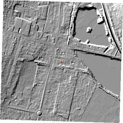 Shaded relief map of the ground around CB13NY, computed from Environment Agency LiDAR. The ground here sits at about 8 m above sea level and falls 11 m across the surrounding 800 m. Surface water reaching this point runs off ground lying to the east-south-east, 2.0 m higher.