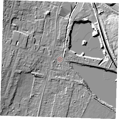 Shaded relief map of the ground around CB13NZ, computed from Environment Agency LiDAR. The ground here sits at about 8 m above sea level and falls 11 m across the surrounding 800 m. Surface water reaching this point runs off ground lying to the east-north-east, 7.9 m higher.